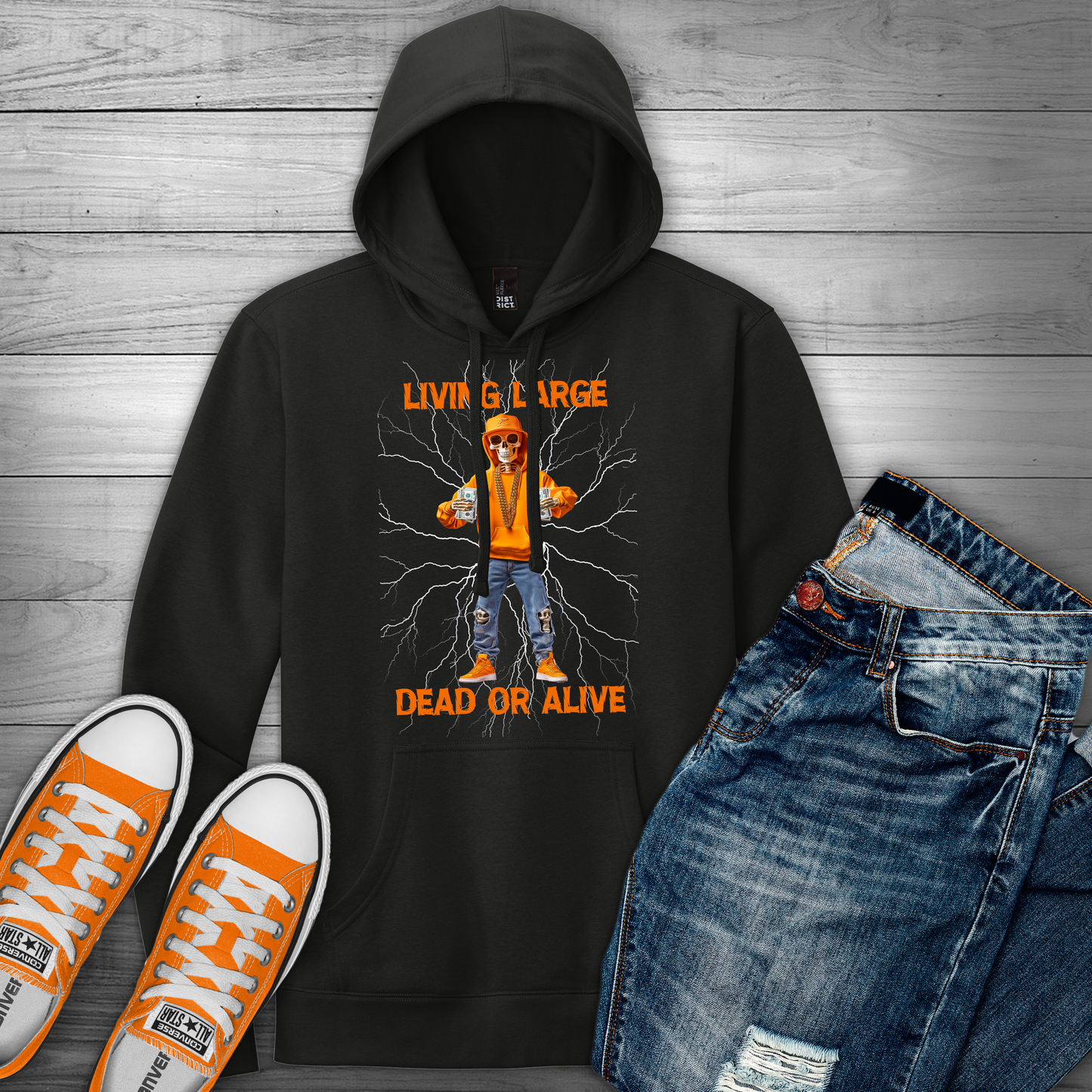 Black "Living Large Dead Or Alive" Halloween Graphic Hoodie 🎉