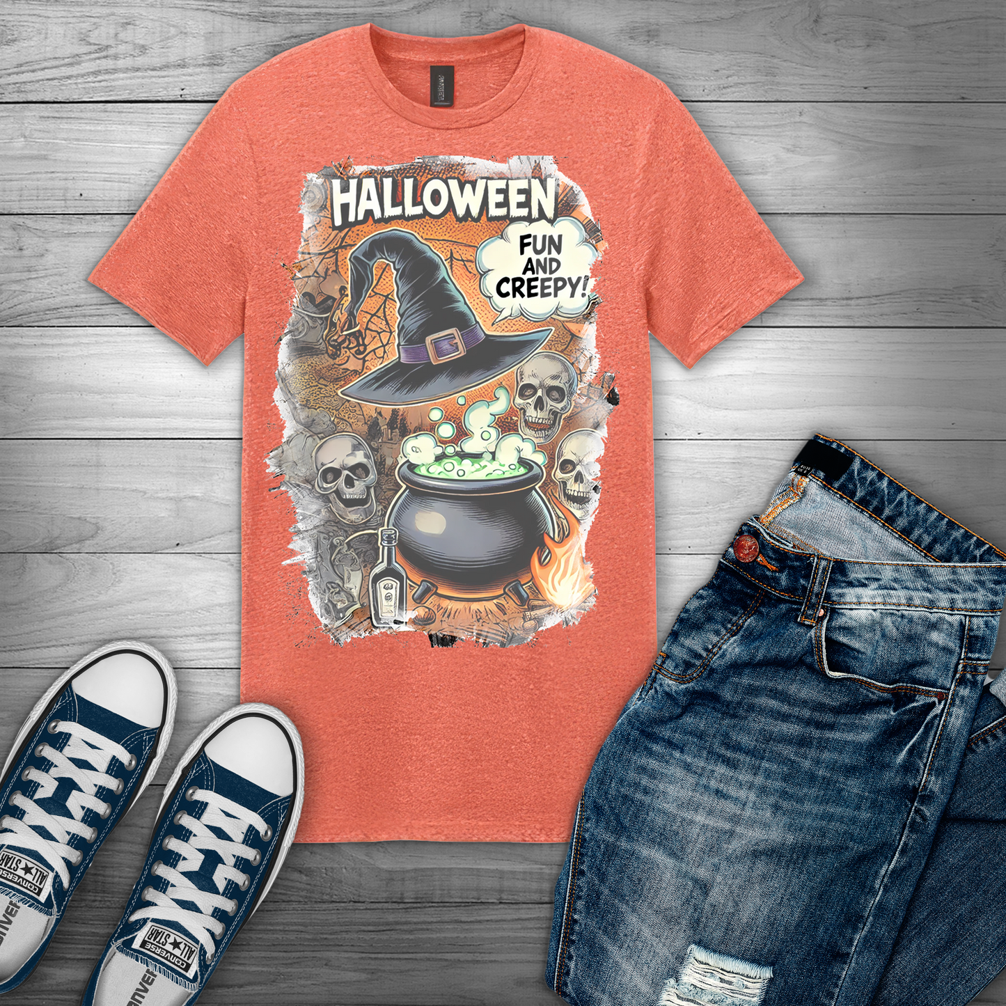 Heather Orange Halloween "Fun And Creepy" Graphic T-Shirt 🎉